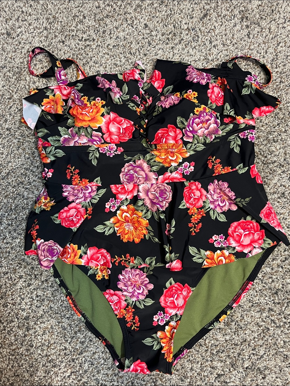 Terra & Sky Black Floral Ruffle One-Piece Swimsuit, Size 1X